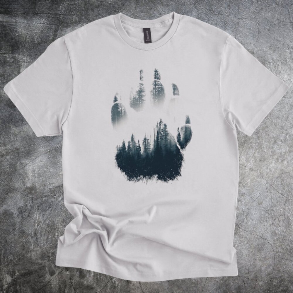 Forest Bear Paw Shirt Landscape Illustration Tshirt Cotton Crewneck Gray